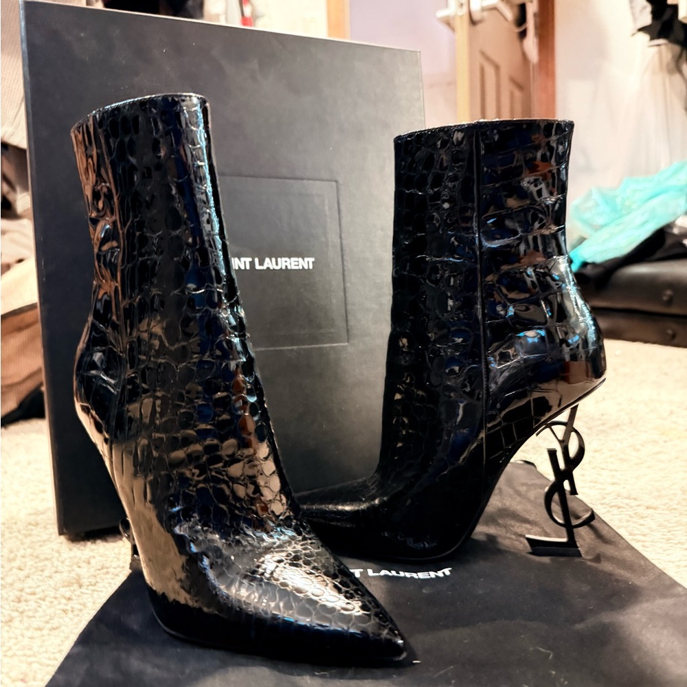 Saint Laurent Glossy Black Croc Heeled Boots